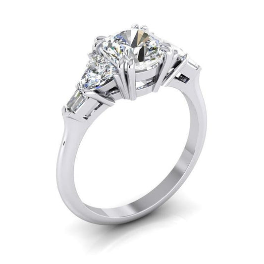 Bague de fiançailles Réel diamant coussin 3 carats taille trillion or blanc 18K