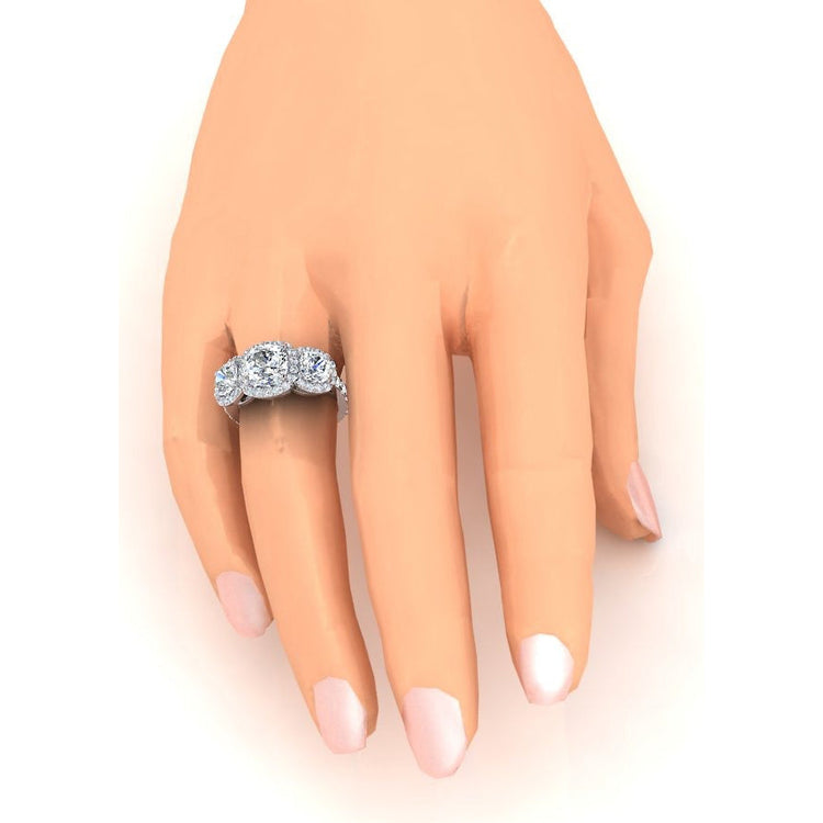 Bague de fiançailles Réel diamant coussin halo 3 pierres avec accents 6 carats