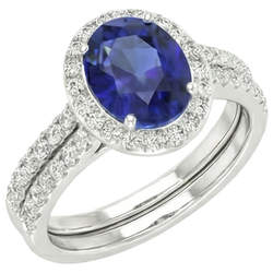 Bague de fiançailles avec halo de saphir bleu ovale sertie en or blanc 10.25 carats