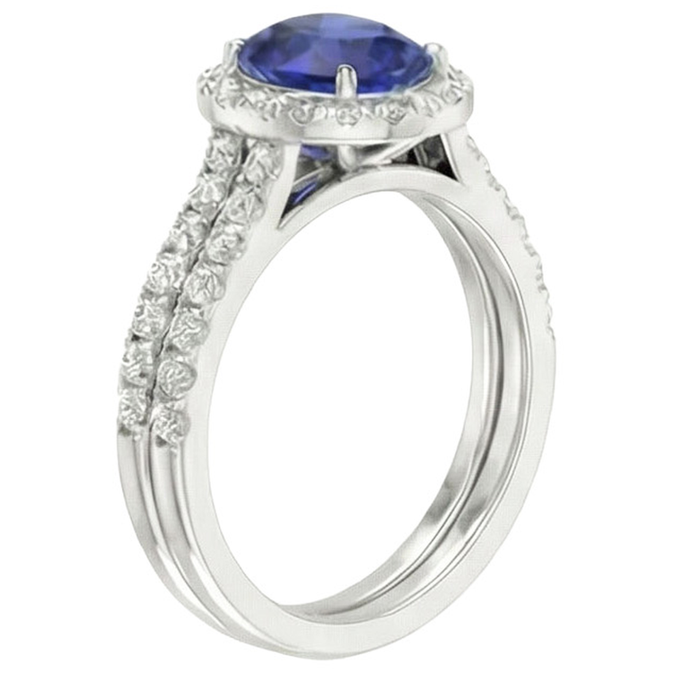 Bague de fiançailles avec halo de saphir bleu ovale sertie en or blanc 10.25 carats