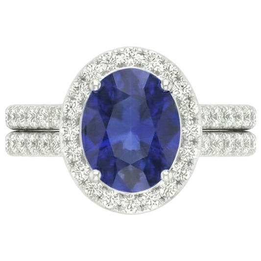 Bague de fiançailles avec halo de saphir bleu ovale sertie en or blanc 10.25 carats