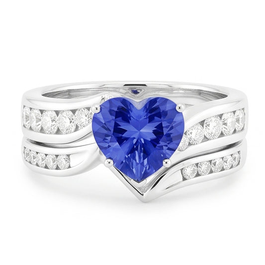 Bague de fiançailles coeur de fiançailles en or blanc et saphir bleu serti 4 carats