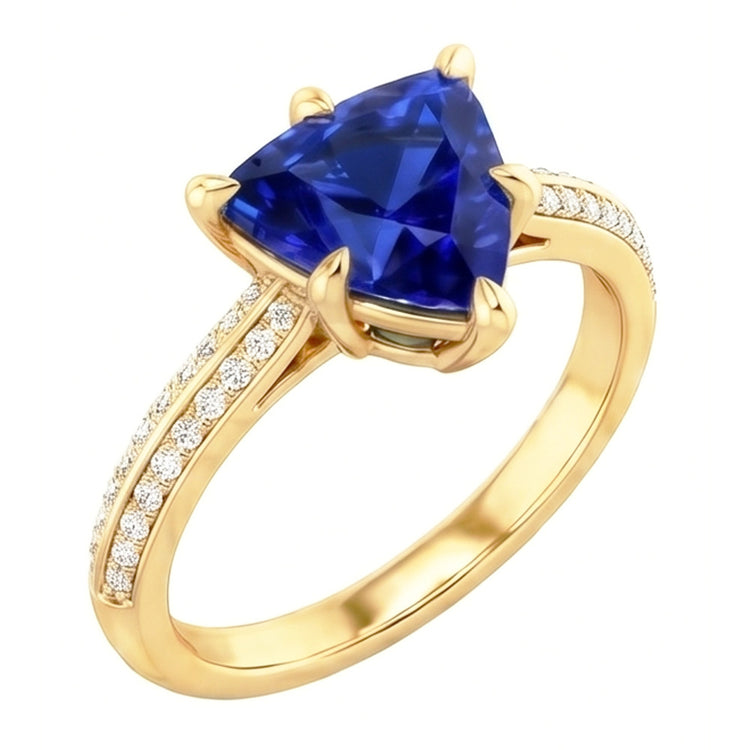 Bague de fiançailles diamant 6 griffes trillion saphir de Ceylan 2.50 carats