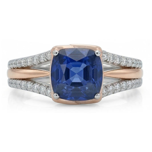 Bague de fiançailles diamant bicolore avec coussin saphir bleu 2.50 carats