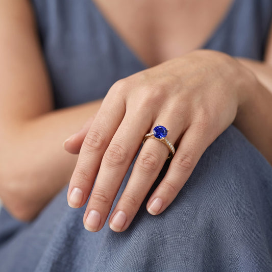 Bague de fiançailles diamant bleu saphir pour femme or jaune 2.50 carats