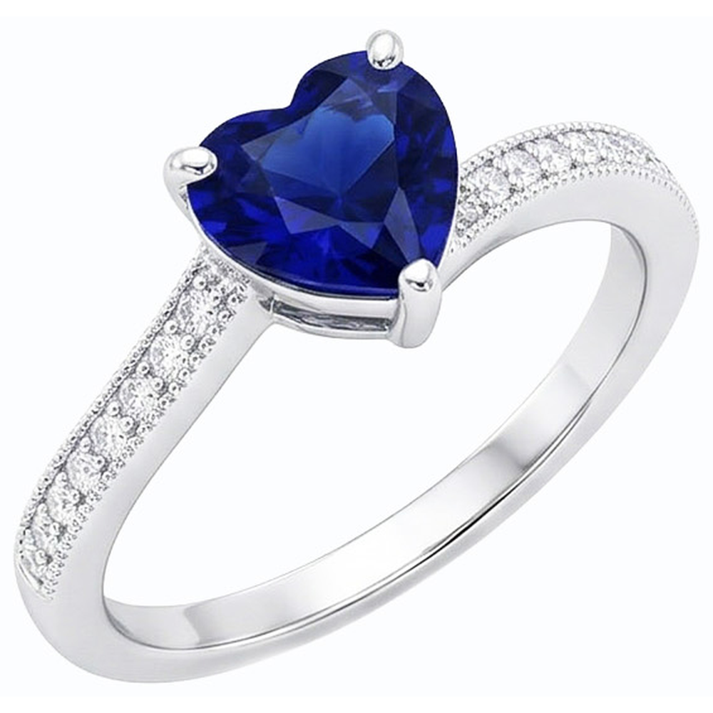 Bague de fiançailles diamant coeur de Ceylan saphir 2 carats tige millegrain