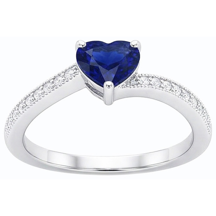 Bague de fiançailles diamant coeur de Ceylan saphir 2 carats tige millegrain