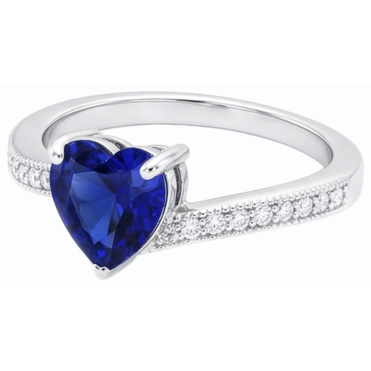 Bague de fiançailles diamant coeur de Ceylan saphir 2 carats tige millegrain