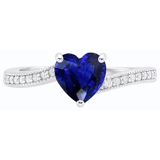 Bague de fiançailles diamant coeur de Ceylan saphir 2 carats tige millegrain