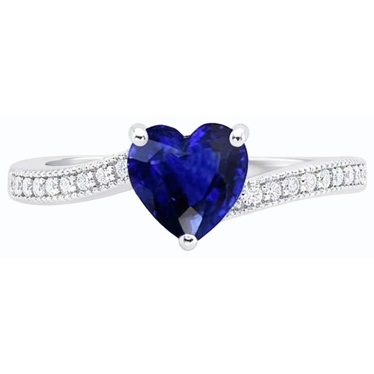 Bague de fiançailles diamant coeur de Ceylan saphir 2 carats tige millegrain