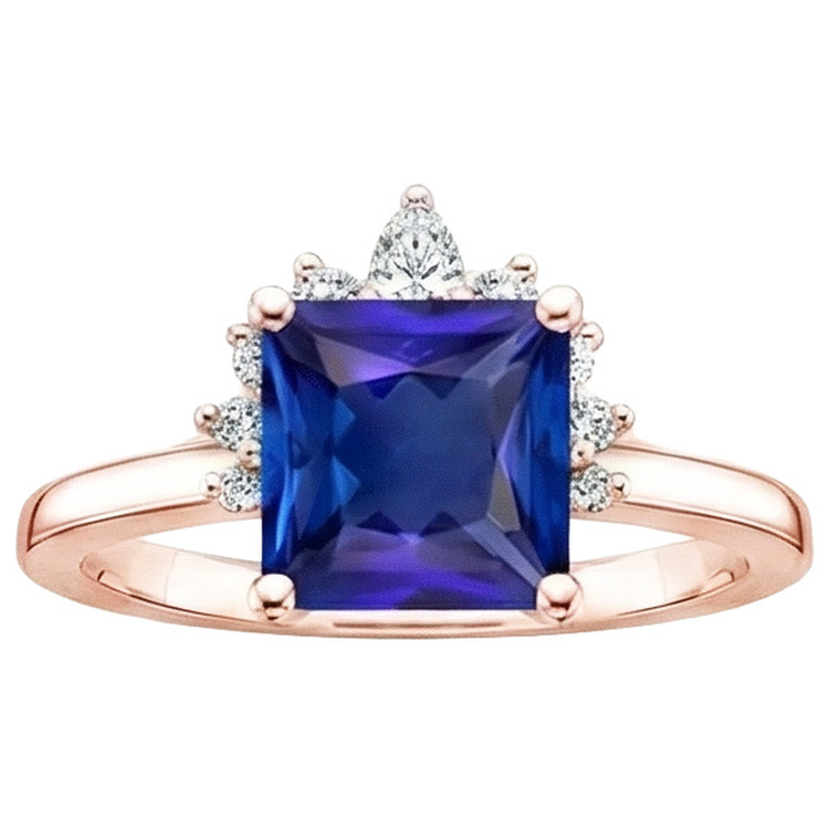 Bague de fiançailles diamant demi halo princesse saphir bleu 5.50 carats
