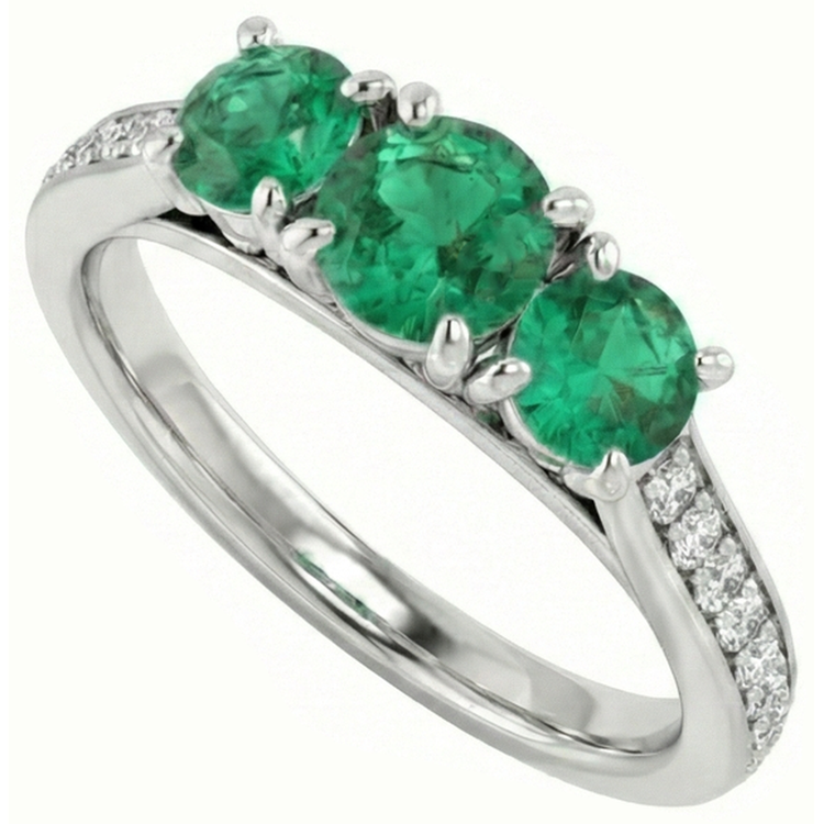 Bague de fiançailles diamant émeraude Vert style trois pierres 1.10 carats