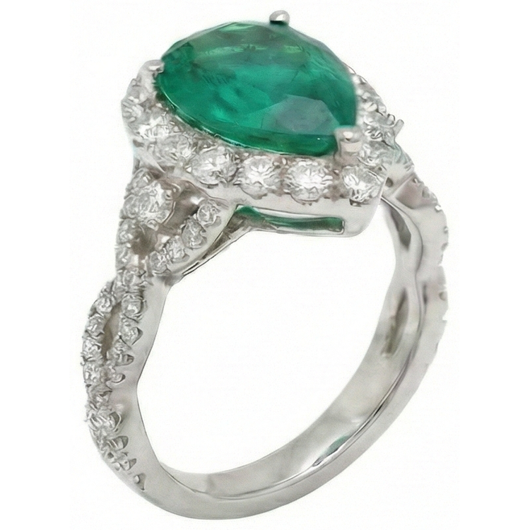 Bague de fiançailles diamant émeraude Vert taille poire 9 carats or blanc 14K