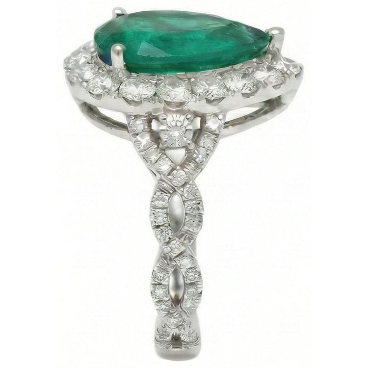 Bague de fiançailles diamant émeraude Vert taille poire 9 carats or blanc 14K