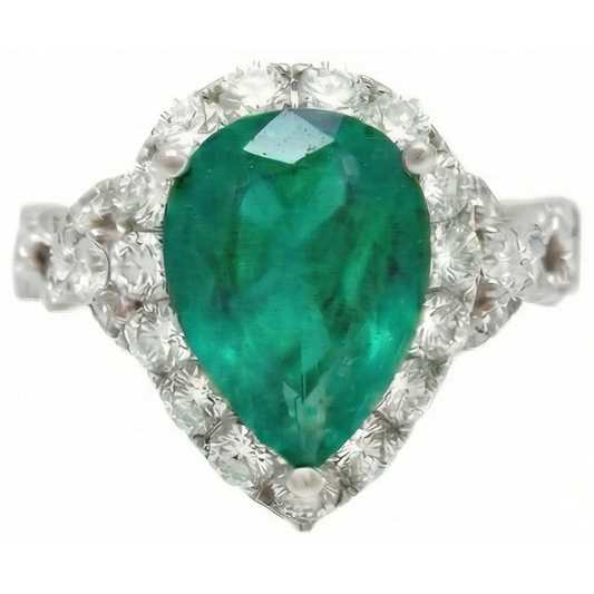Bague de fiançailles diamant émeraude Vert taille poire 9 carats or blanc 14K