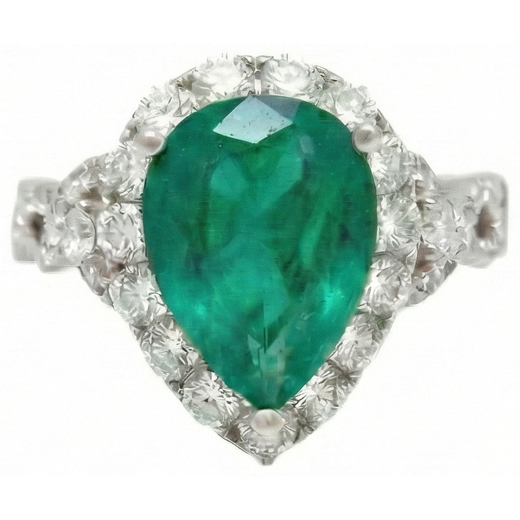 Bague de fiançailles diamant émeraude Vert taille poire 9 carats or blanc 14K