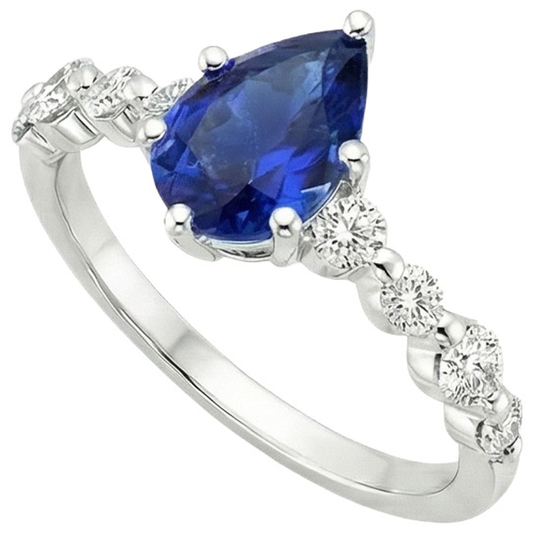 Bague de fiançailles diamant et poire saphir bleu avec accents 6.75 carats