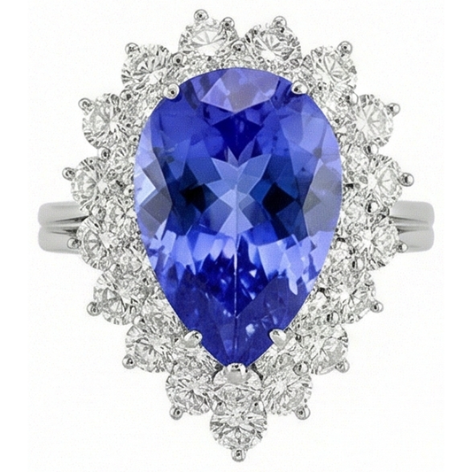Bague de fiançailles diamant et tanzanite halo poire 5 carats