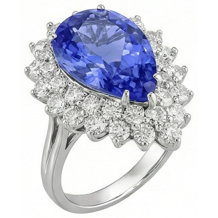 Bague de fiançailles diamant et tanzanite halo poire 5 carats