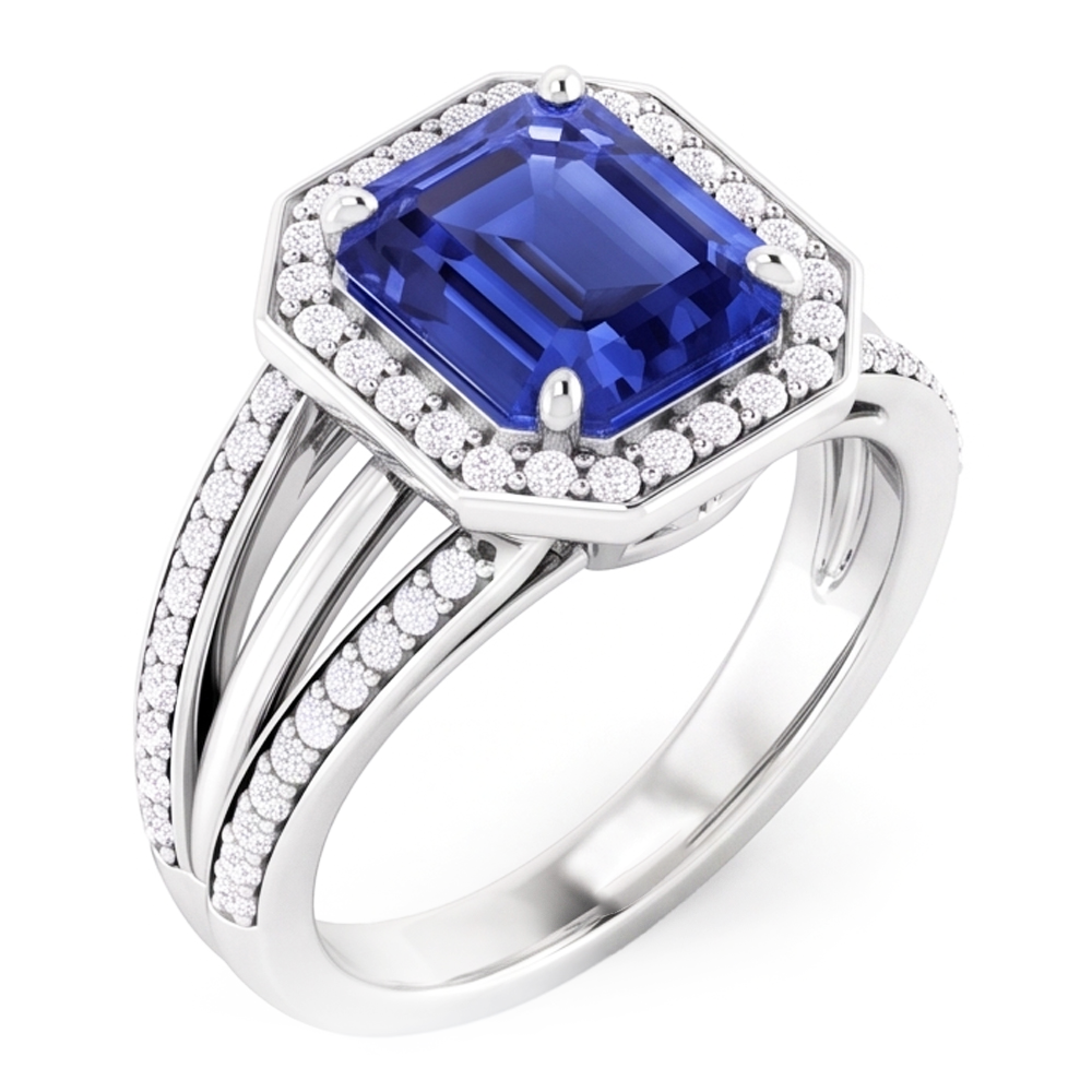 Bague de fiançailles diamant halo émeraude saphir tige fendue 4.50 carats