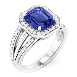 Bague de fiançailles diamant halo émeraude saphir tige fendue 4.50 carats