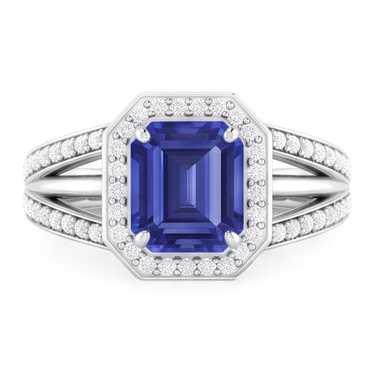 Bague de fiançailles diamant halo émeraude saphir tige fendue 4.50 carats