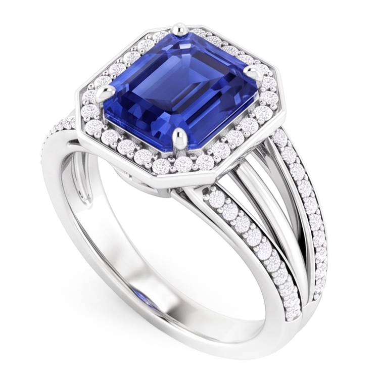 Bague de fiançailles diamant halo émeraude saphir tige fendue 4.50 carats