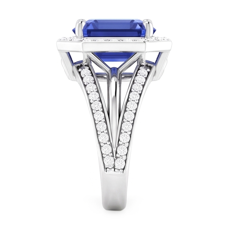 Bague de fiançailles diamant halo émeraude saphir tige fendue 4.50 carats