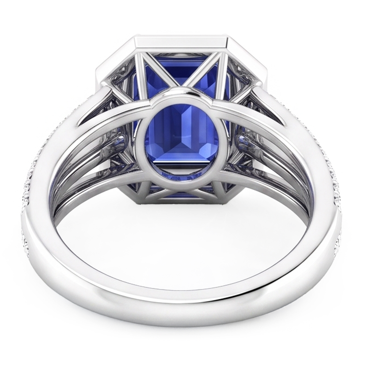 Bague de fiançailles diamant halo émeraude saphir tige fendue 4.50 carats