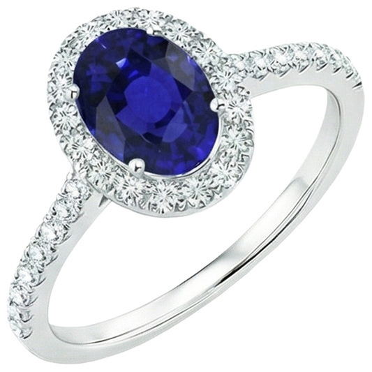 Bague de fiançailles diamant ovale halo 5.50 carats saphir de Ceylan accentué