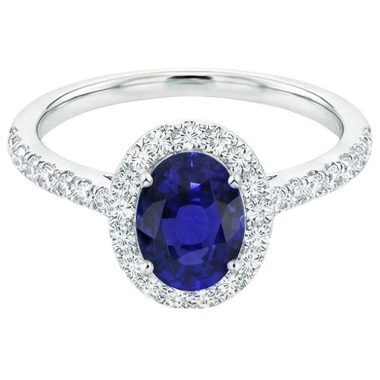 Bague de fiançailles diamant ovale halo 5.50 carats saphir de Ceylan accentué