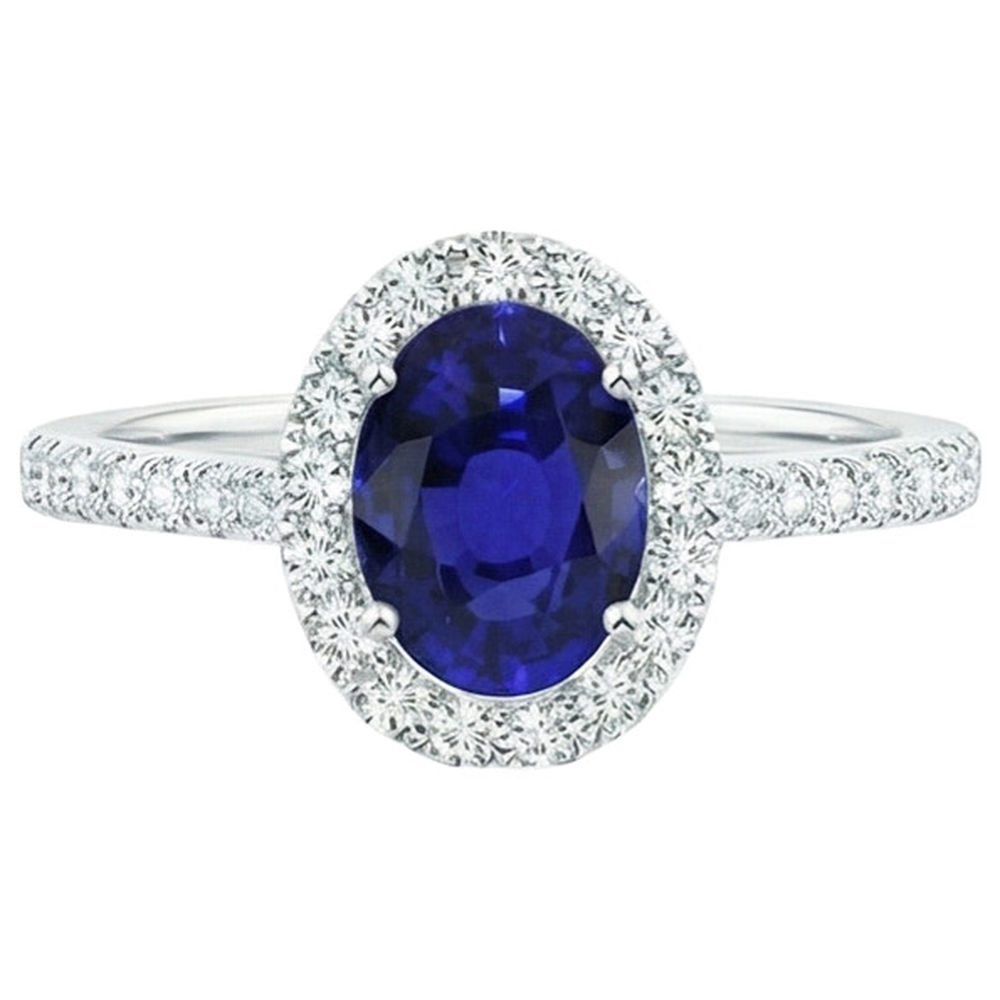 Bague de fiançailles diamant ovale halo 5.50 carats saphir de Ceylan accentué