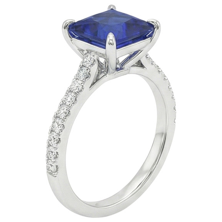 Bague de fiançailles diamant princesse saphir bleu accentué de 5.50 carats