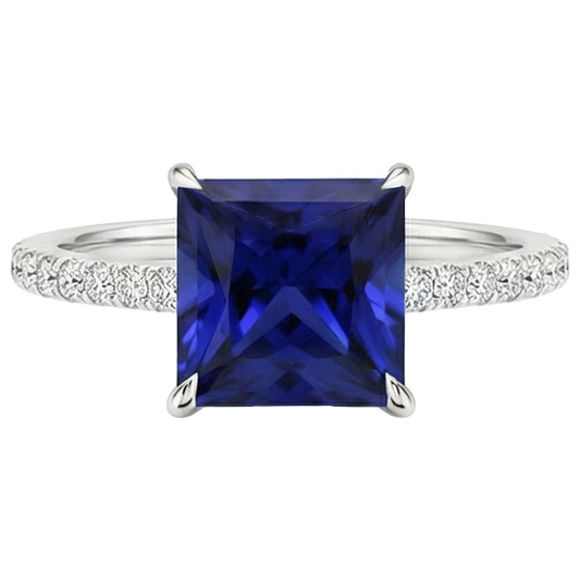 Bague de fiançailles diamant princesse saphir bleu accentué de 5.50 carats