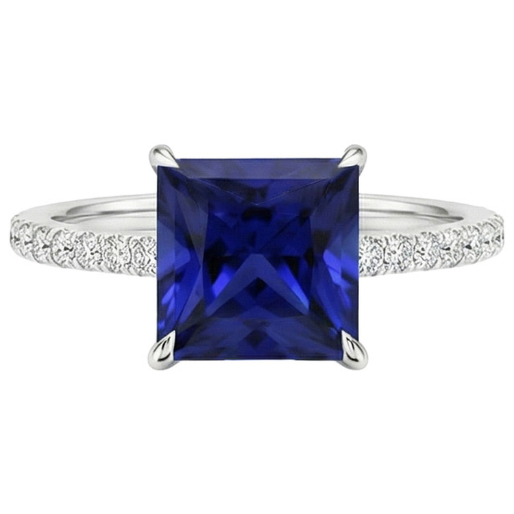 Bague de fiançailles diamant princesse saphir bleu accentué de 5.50 carats