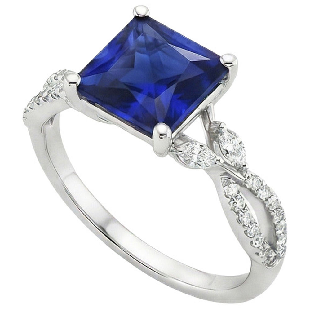 Bague de fiançailles diamant princesse saphir du Sri Lanka et accents 6 carats