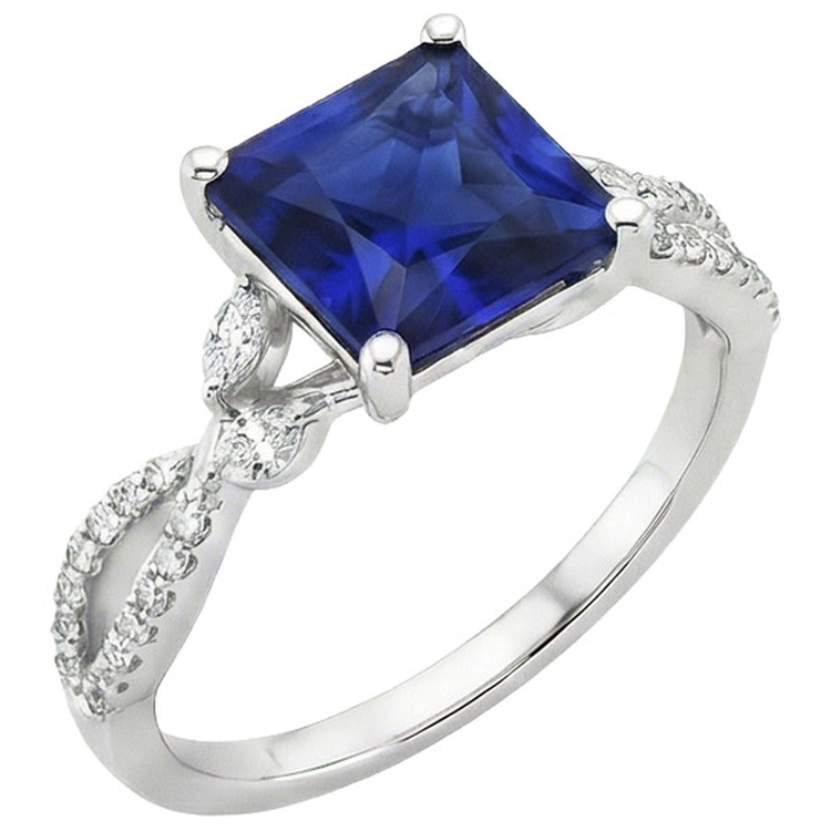 Bague de fiançailles diamant princesse saphir du Sri Lanka et accents 6 carats