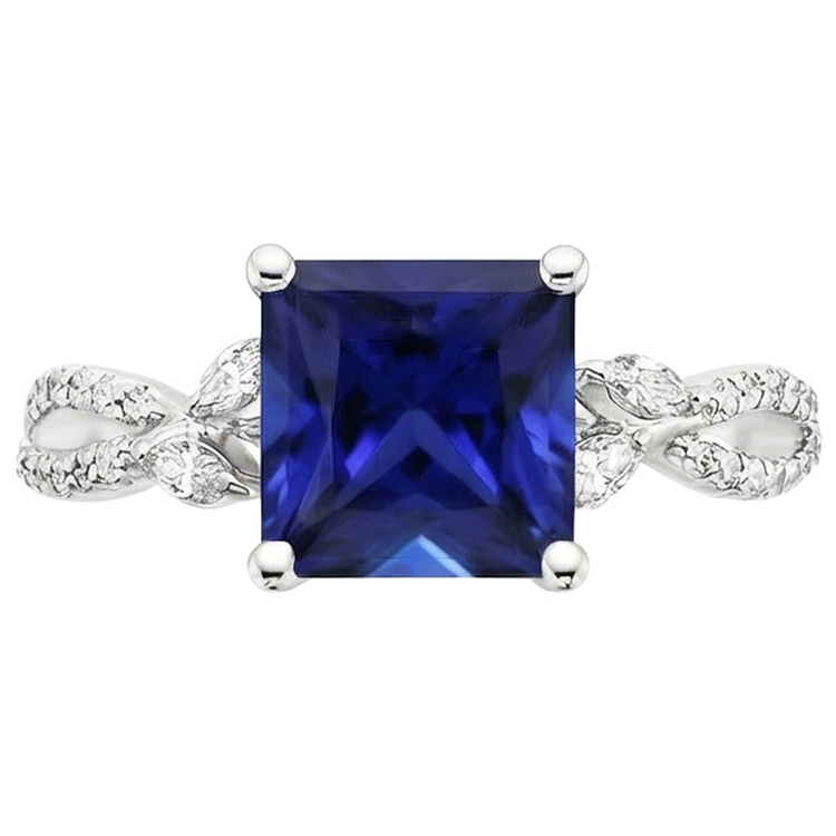 Bague de fiançailles diamant princesse saphir du Sri Lanka et accents 6 carats