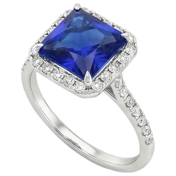 Bague de fiançailles diamant rond et saphir bleu avec accents 6 carats