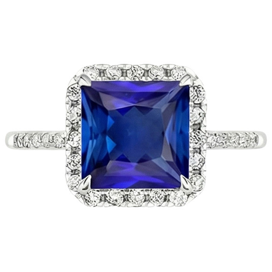 Bague de fiançailles diamant rond et saphir bleu avec accents 6 carats