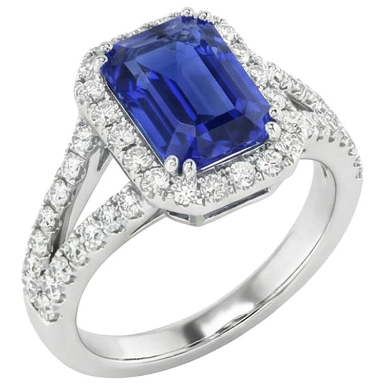 Bague de fiançailles diamant rond halo et saphir de Ceylan 11.75 carats
