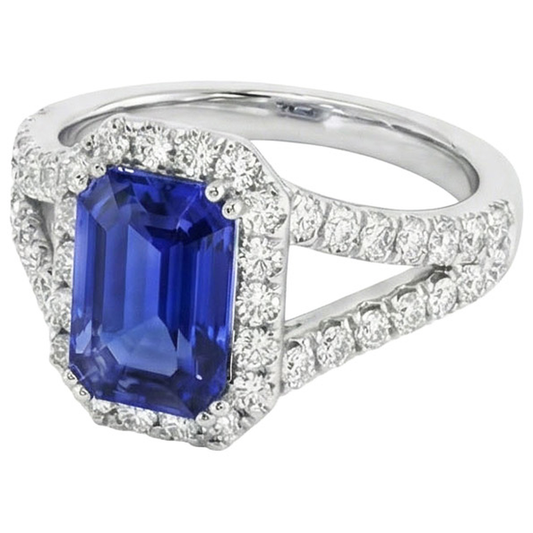 Bague de fiançailles diamant rond halo et saphir de Ceylan 11.75 carats