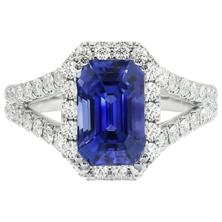 Bague de fiançailles diamant rond halo et saphir de Ceylan 11.75 carats