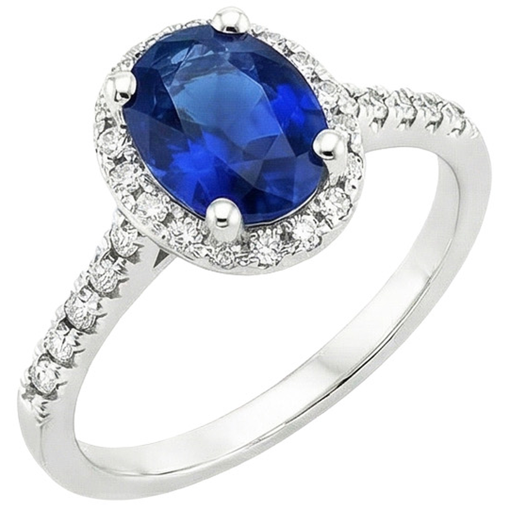 Bague de fiançailles diamant rond halo ovale saphir de Ceylan or 6 carats
