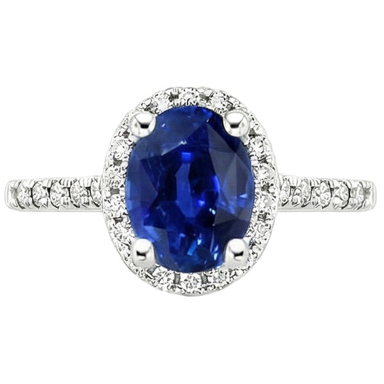 Bague de fiançailles diamant rond halo ovale saphir de Ceylan or 6 carats