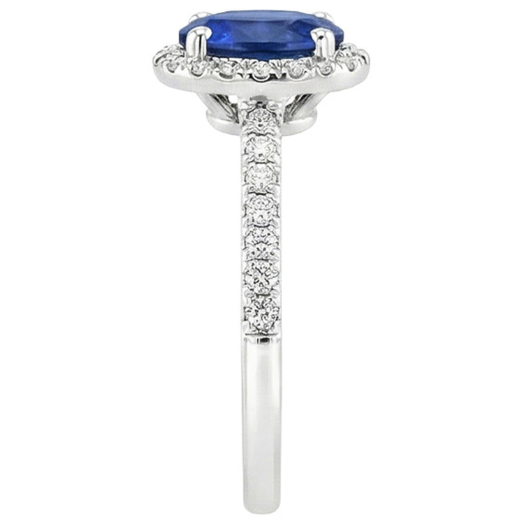 Bague de fiançailles diamant rond halo ovale saphir de Ceylan or 6 carats