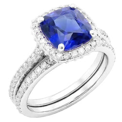 Bague de fiançailles diamant saphir coussin Halo sertie 4.50 carats