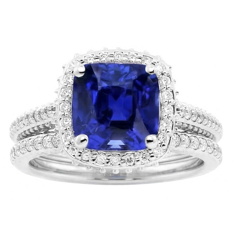 Bague de fiançailles diamant saphir coussin Halo sertie 4.50 carats