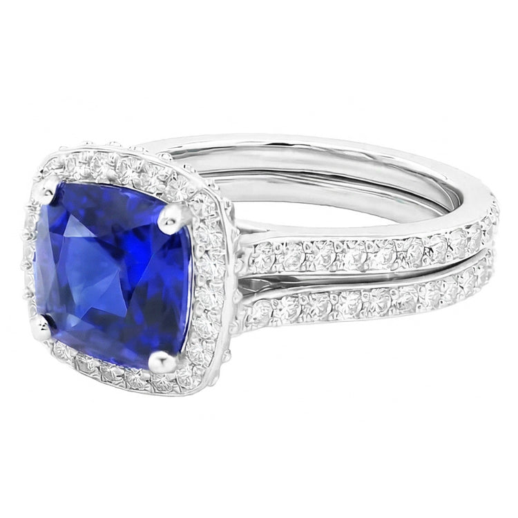 Bague de fiançailles diamant saphir coussin Halo sertie 4.50 carats