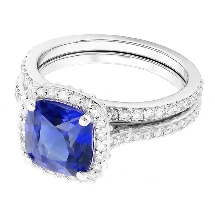 Bague de fiançailles diamant saphir coussin Halo sertie 4.50 carats